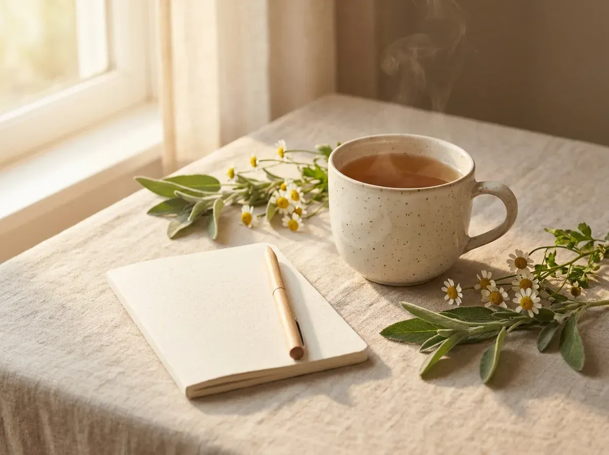 Warmes Stillleben mit Kräutertee, Notizbuch, Salbei und Kamille auf Leinen — Einladung zum Gespräch