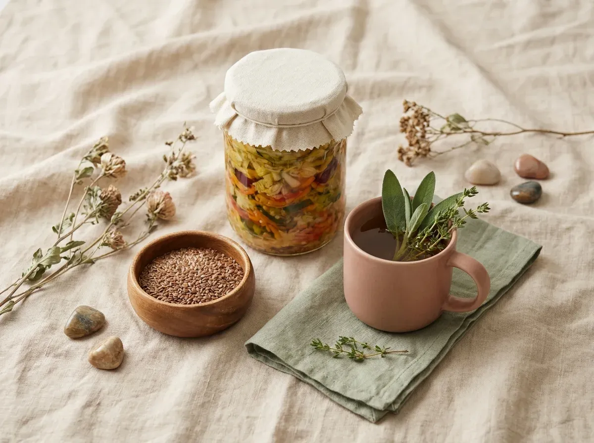 Fermentiertes Gemüse, Leinsamen und Kräutertee auf Leinen