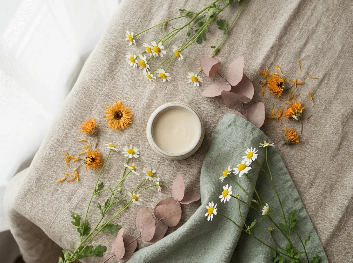 Kamille, Ringelblume und ein offener Tiegel Naturcreme auf Leinen